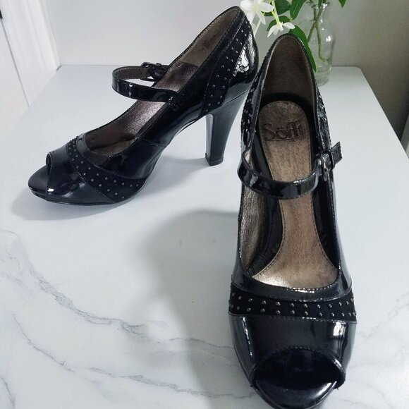 Sofft Studded Black Leather Open-Toe Heels - Picture 5 of 8